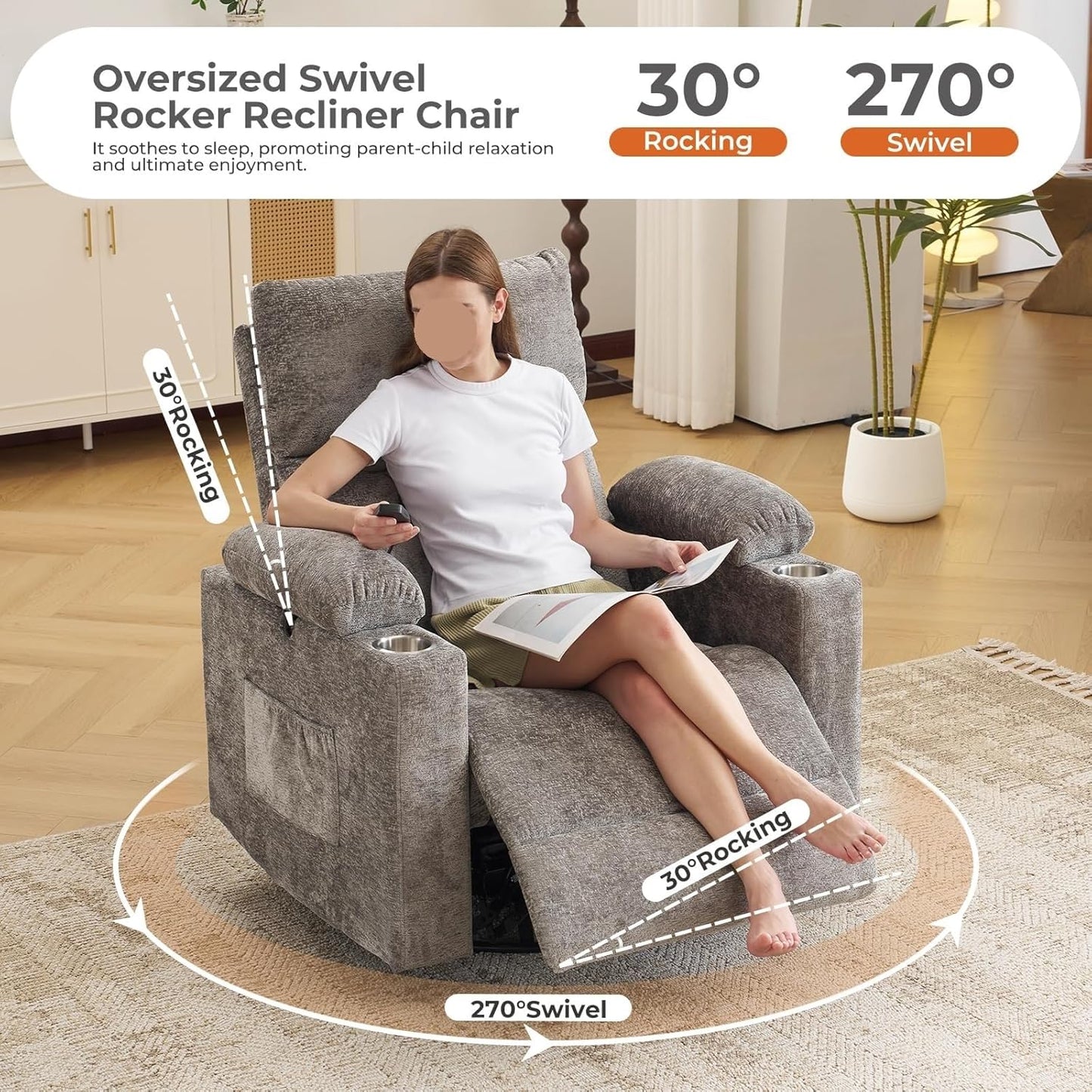 Electric Glider Rocking Recliners Chair with Adjustable Armrests Power Swivel Recliner Chairs with Massage and Heat Headrest for Home Furniture