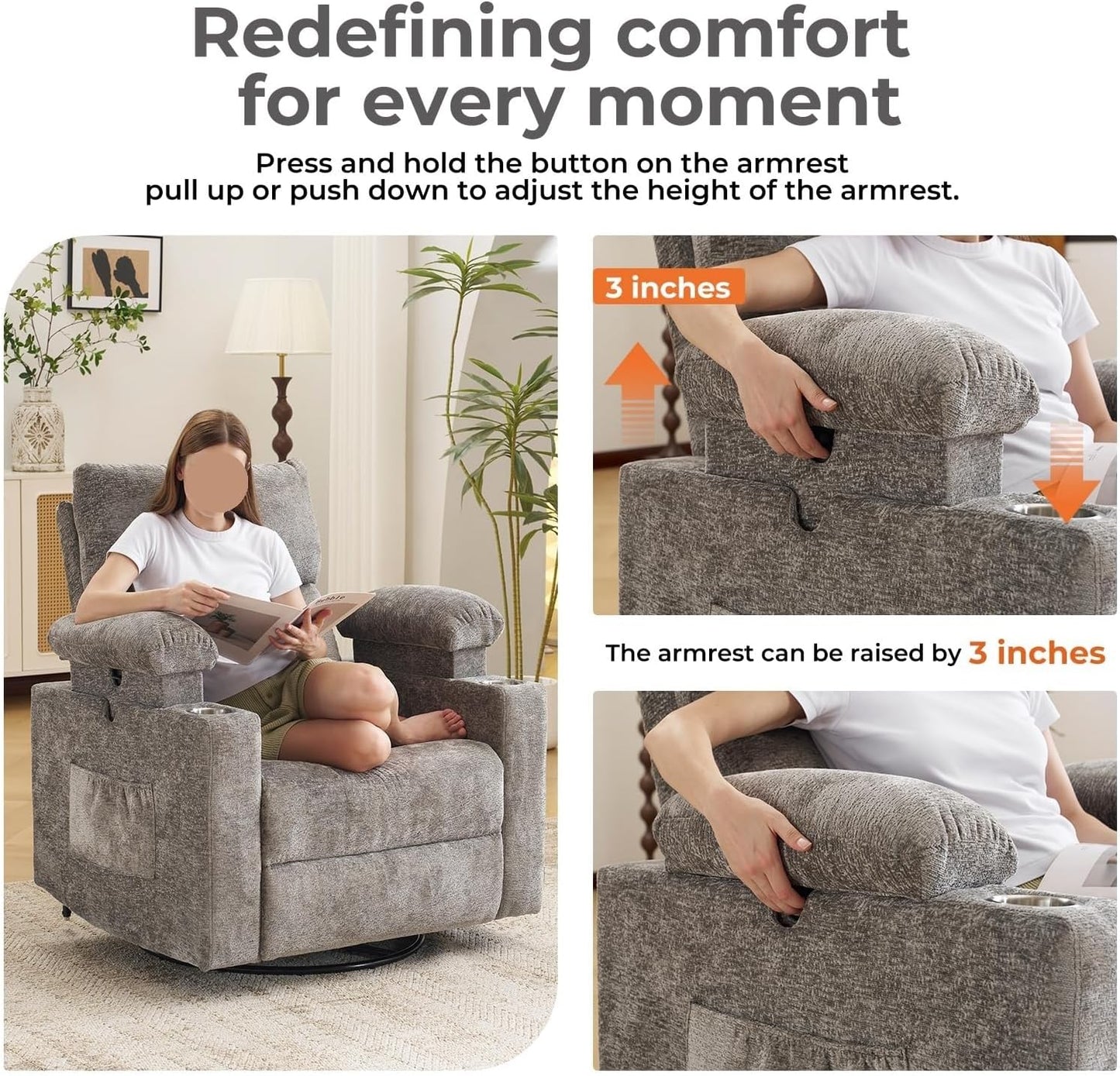 Electric Glider Rocking Recliners Chair with Adjustable Armrests Power Swivel Recliner Chairs with Massage and Heat Headrest for Home Furniture