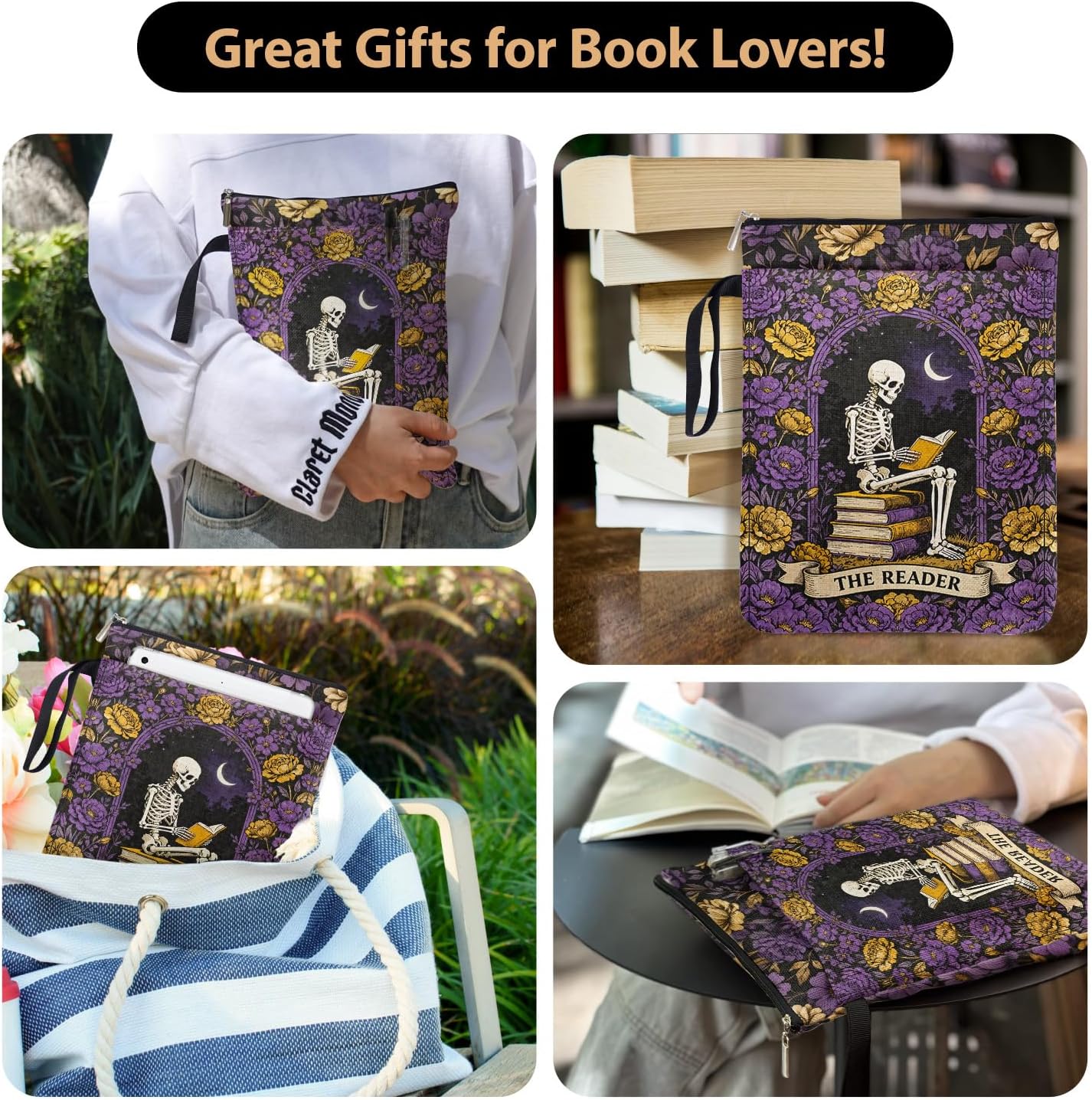 Gothic Skeleton Purple Garden Book Sleeve Pouch for Book Lovers, Fantasy Novel Reader Gifts for Reader Writer, Tarot Bookcovers Protector for Paperbacks with Handle, Reading Accessories for Student