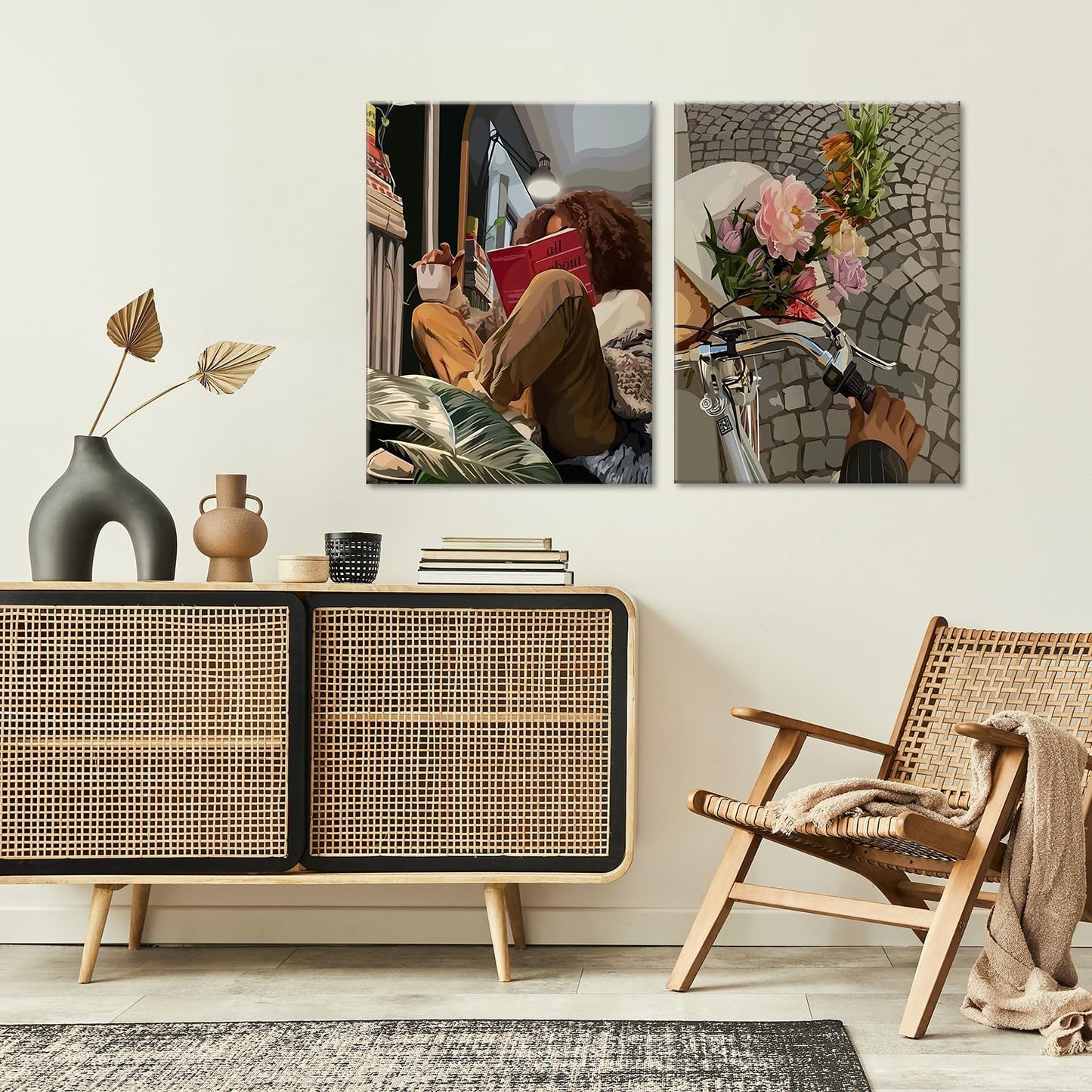 Modern African American Women Wall Art Set of 2,Cozy Reading & Bike Ride with Flowers Painting Canvas Prints,black woman Vintage Aesthetic Poster for Living Room, Bedroom, Office， Framed 12X16in