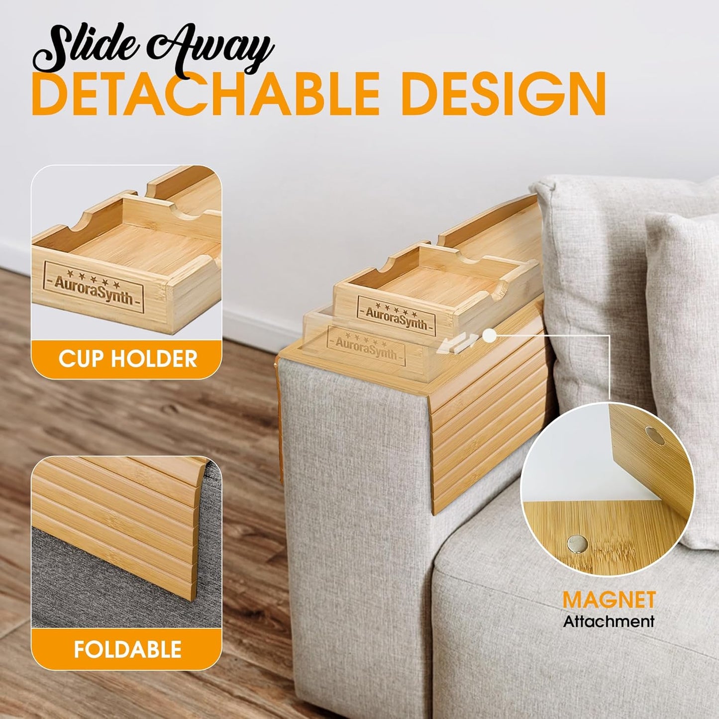 Bamboo Couch Cup Holder Tray with 2 Cork Coasters, Couch Arm Tray, 2 in 1 Anti-Slip Foldable Sofa Arm Tray, Couch Armrest Table, Anti-Spill Couch Arm Table for Drinks TV Remote Cellphone Snacks