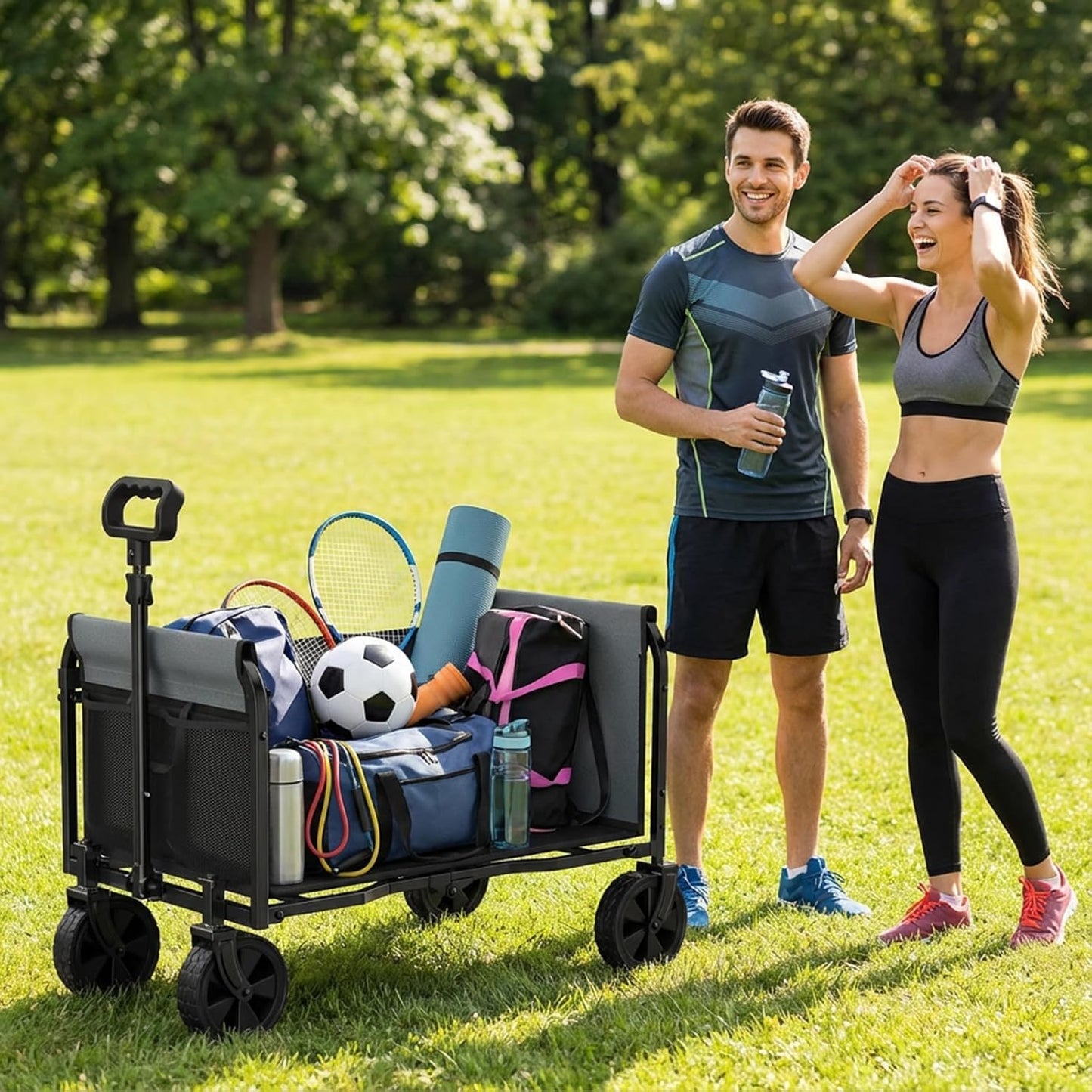 3-in-1 Portable Collapsible Wagon, Foldable Cart with Removable Side, Utility Groceries Wagon Cart for Dogs Pets Shopping Camping Beach Sports Gardeing Fishing, Black