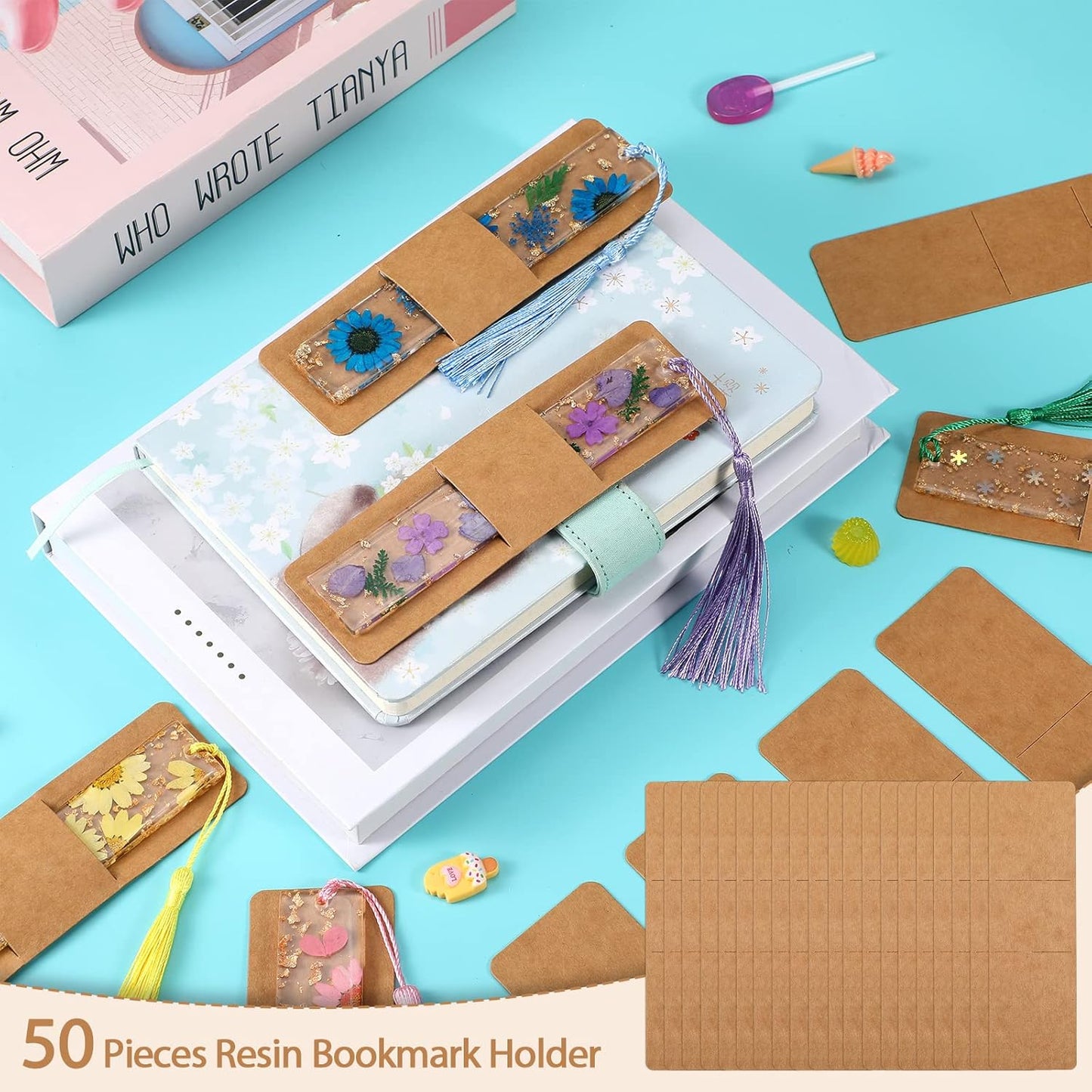 Fumete 50 Pieces Resin Bookmark Holder Bulk 5. 9 x 1. 8 Inches Kraft Bookmark Sleeves DIY Display Cards for Wrapping Small Business Packaging Supplies Party Favor Gifts(Cute,Brown)
