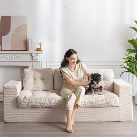 MAXYOYO 3-Seater Boneless Sofa Couch, Tufted Corded Sofa Lounge for Living Room, Comfy Bean Bag Chair High-Density Foam Couch with Pillows, No Assembly Required