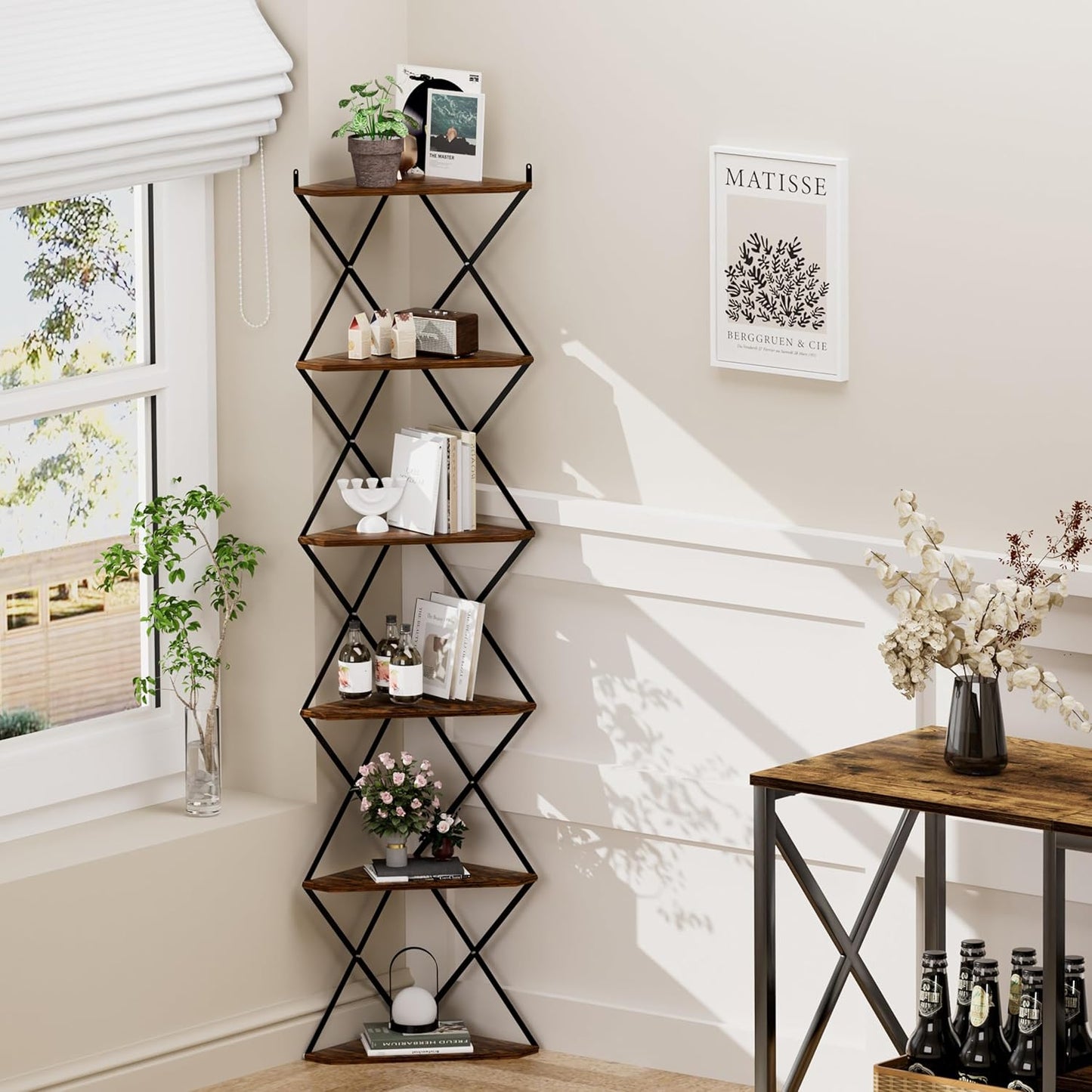 6 Tier Wall Mounted Corner Shelf Stand, Industrial Corner Bookshelf with X Metal Frame, Tall Standing Shelf Organizer, Bookcase, Plant Stand for Living Room, Bedroom Rustic Brown CS-006RB
