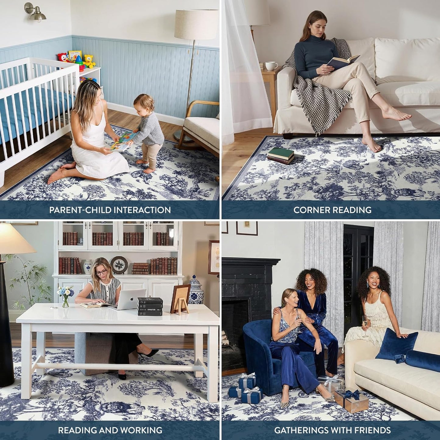 LIVEBOX 5x7 Area Rugs Toile Delft Blue Rug for Living Room, Washable Rug for Bedroom Dining Room Nursery Room, Soft Low Pile Non Slip, Vintage Animal Jungle Unique Classic Print Carpet Home Décor