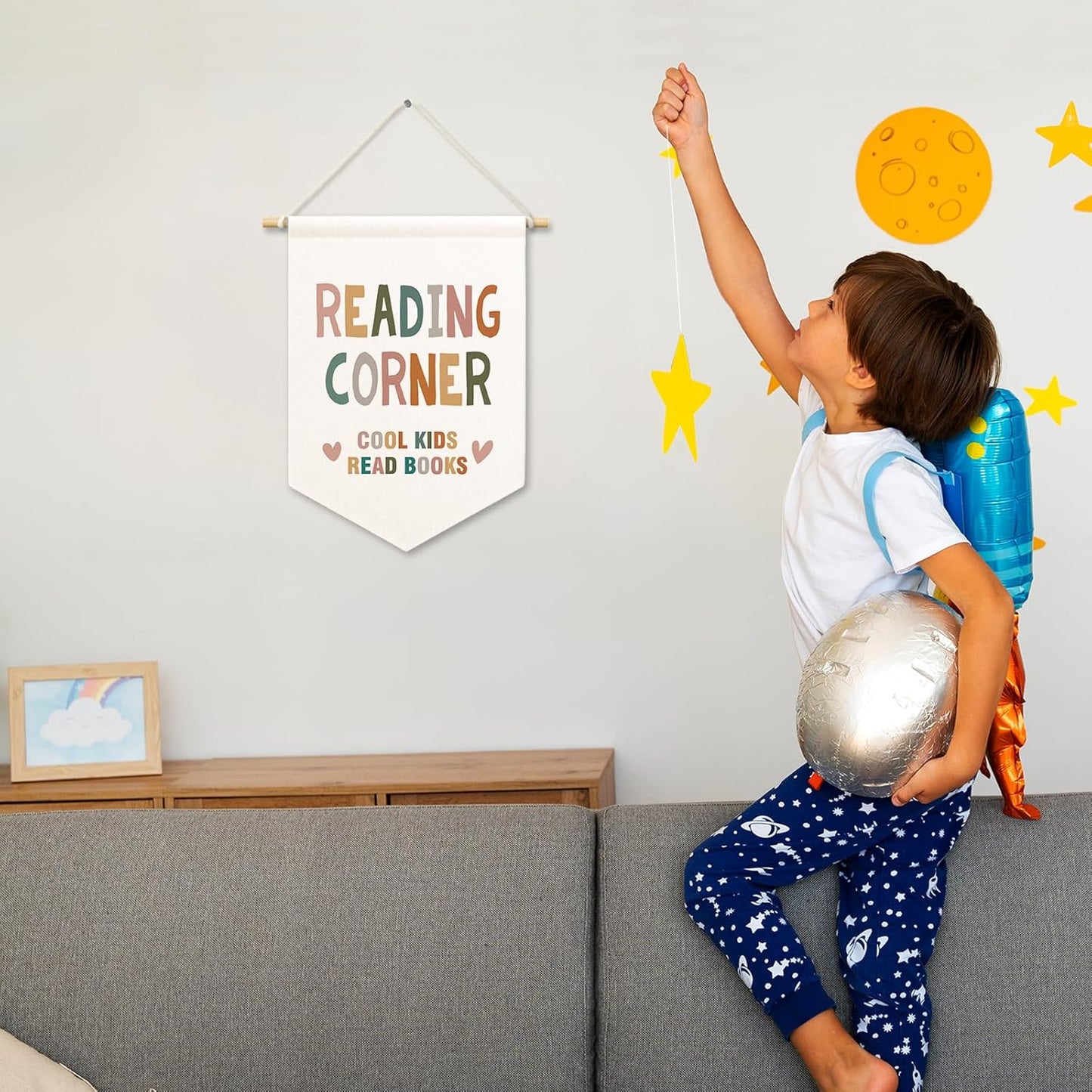 Reading Corner Kids Room Decor, Boho Read Classroom Banner Canvas, Nursery Cool Kids Read Books Wall Hanging Decor Art Pennant Flag for Library Playroom Toddler Room 11x15in