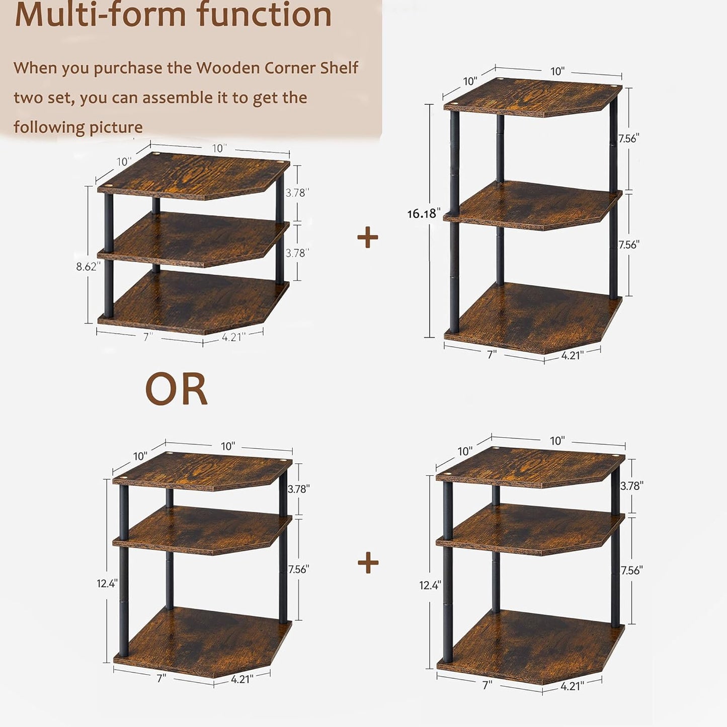3-Tier Wood Corner Shelf, Cabinet Plate Dish Pantry Organizer Table Shelves Countertop Bookshelf Decor for Kitchen Bathroom Bedroom Home Set of 2