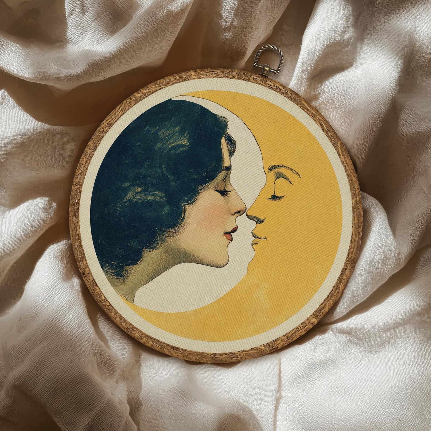 Romantic Moon and Young Girl Wall Art,Vintage-Inspired Celestial Linen Print Round Artwork ,Surreal Moon and Woman Hanging Decor for Bedroom, Living Room, or Dreamy Space 10''x10''(Ggolden-moon and Girl)