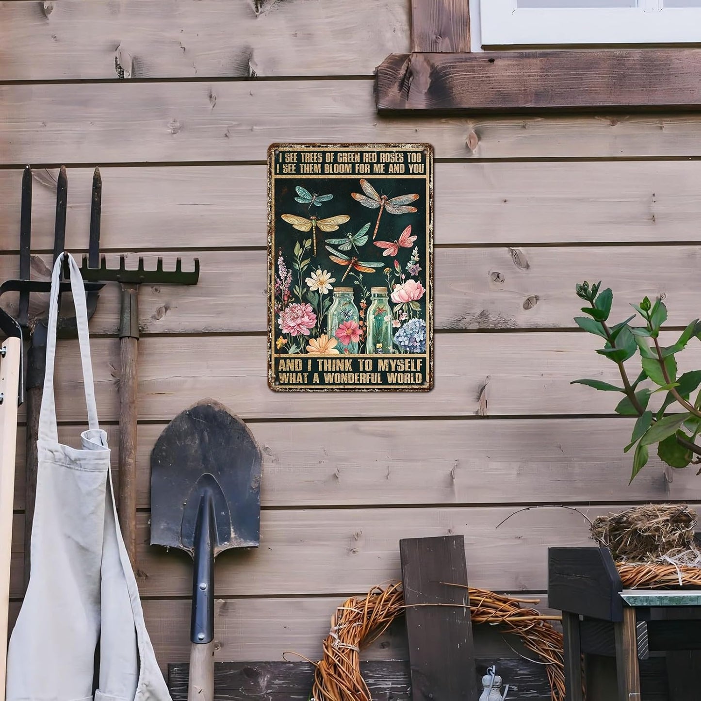 What A Wonderful World Wall Art Metal Sign Dragonfly Metal Wall Art Vintage Retro Tin Sign for Garden Yard Patio Farmhouse Bar Man Cave Home Decoration 12 * 8inch