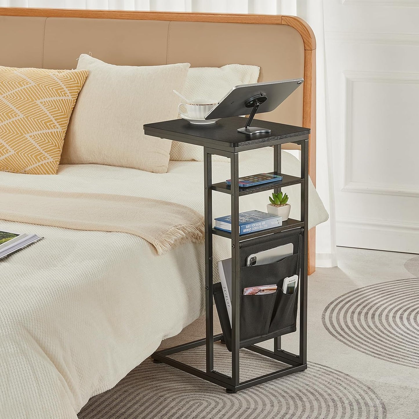 C Shaped End Table 28"(H) 3-Tier C Table with Storage Bag, Under Couch Table C-Shaped End Table with Storage Shelves and Bag for Living Room, Bedroom, or Office