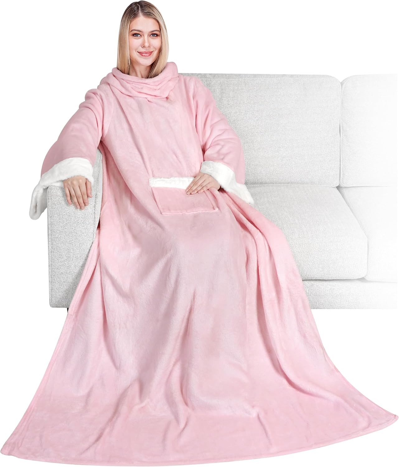 PAVILIA Fleece Blanket with Sleeves for Women Men Adults, Wearable Blanket Warm Soft Plush, Snuggle Pocket Sleeved TV Throw Wrap, Cozy White Elephant Gifts Ideas for Mom Wife, Light Pink