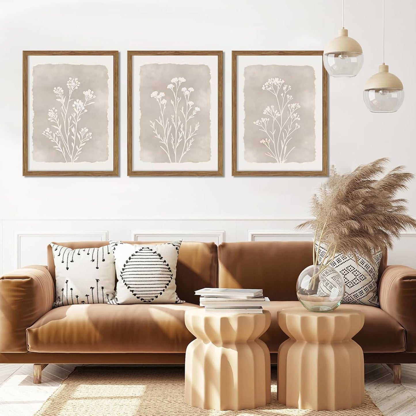 Framed Boho Botanical Flower Wall Art Set of 3, Vintage Minimalist Neutral Floral Wall Decor Paintings, Rustic Farmhouse Wildflower Artwork Prints Picture for Living Room Bedroom Bathroom 12x16 Inch