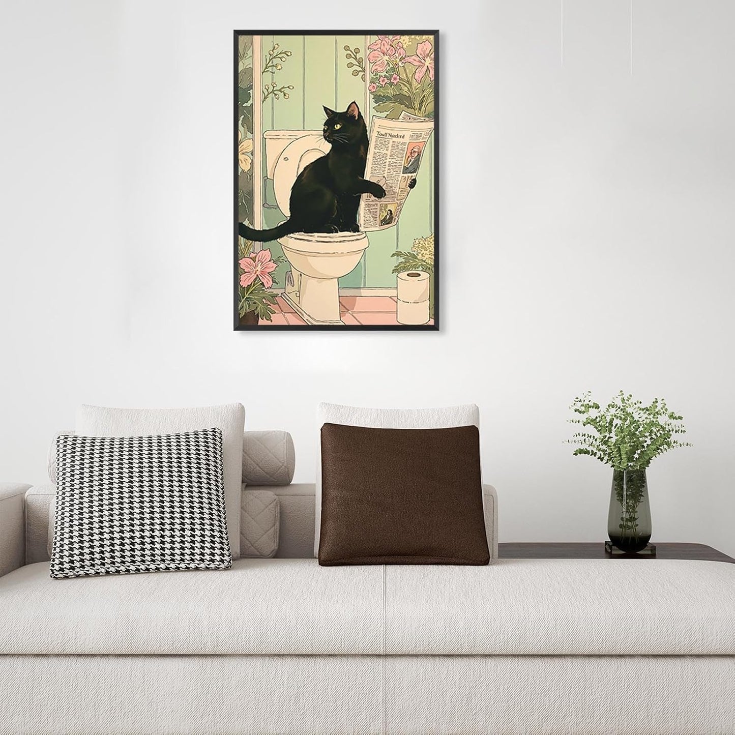 ZHIXQMG Funny Animal Bathroom Canvas Wall Art Japanese Black Cat Reading Newspaper Posters Cute Cats Sitting On The Toilet Picture Pink Flowers Aesthetic Wall Decor For Home Dorm 12x16in Unframed