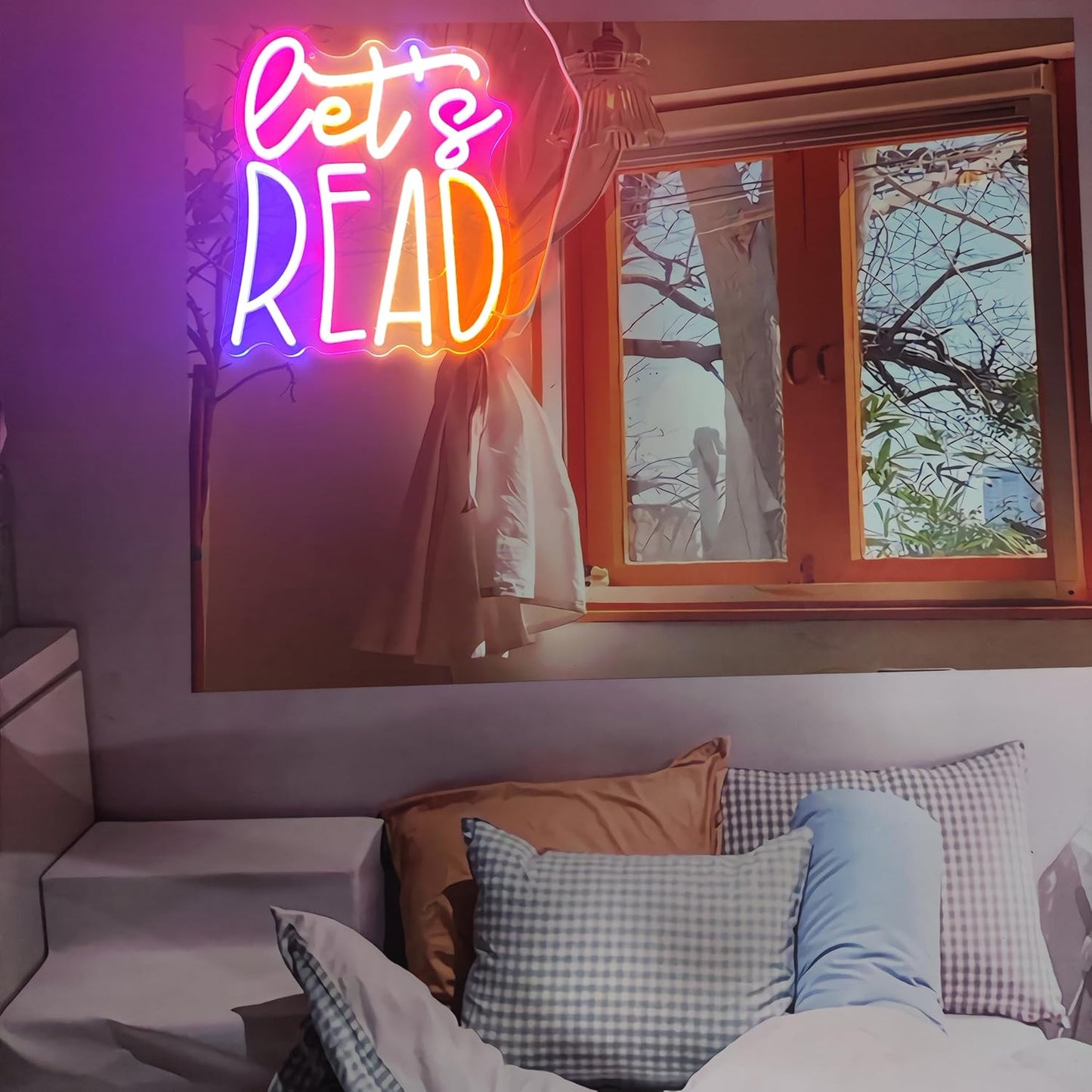 LED Neon Sign Let's Read 13"x11.4" USB Powered Dimmable Purple Pink Gradient Classroom Library Reading Corner Decoration Motivational Gift for Teachers Students Book Lovers