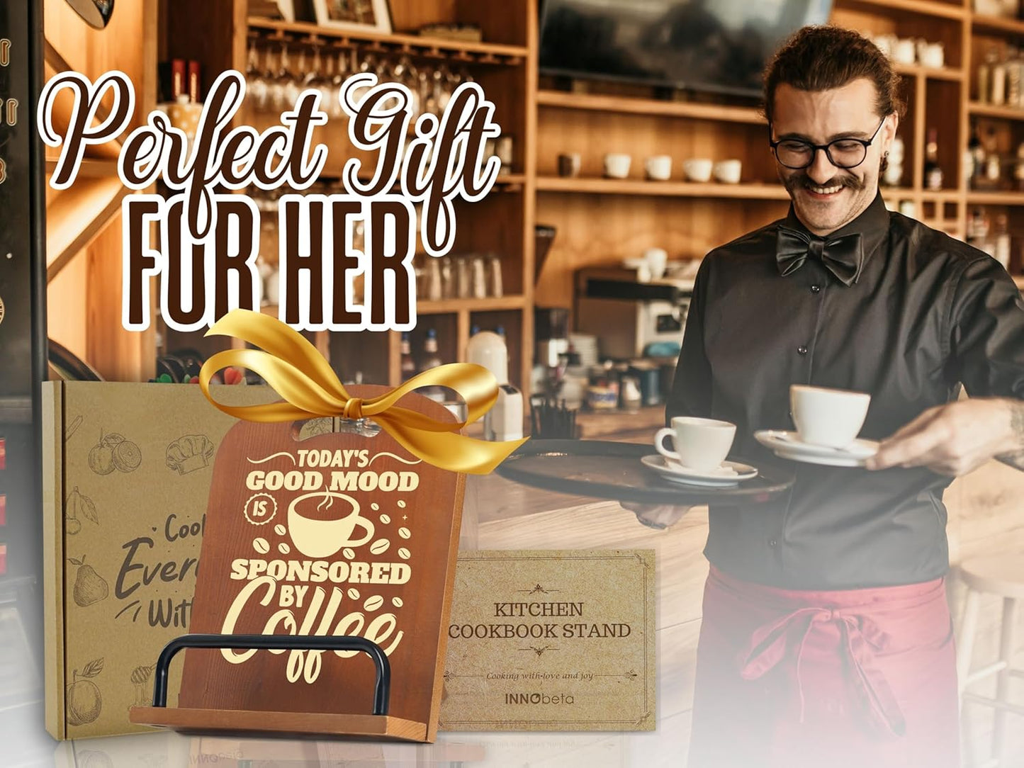 InnoBeta Coffee Gifts for Women, Cookbook Stand for Kitchen Counter, Perfect Gifts for Coffee Lovers on Birthday, Adjustable Tablet Recipe Book Holder, Unique Kitchen & Cafe Decor