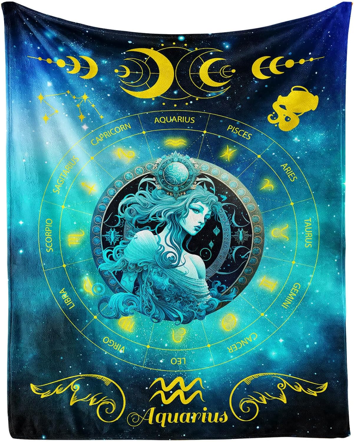 Aquarius Zodiac Blanket, 50" x 40" Flannel Stars Astrology Themed Stuffed Vibrant Throw, Soft Nap Throw Blanket for Home Boys Girls Women Horoscope Lovers Gifts