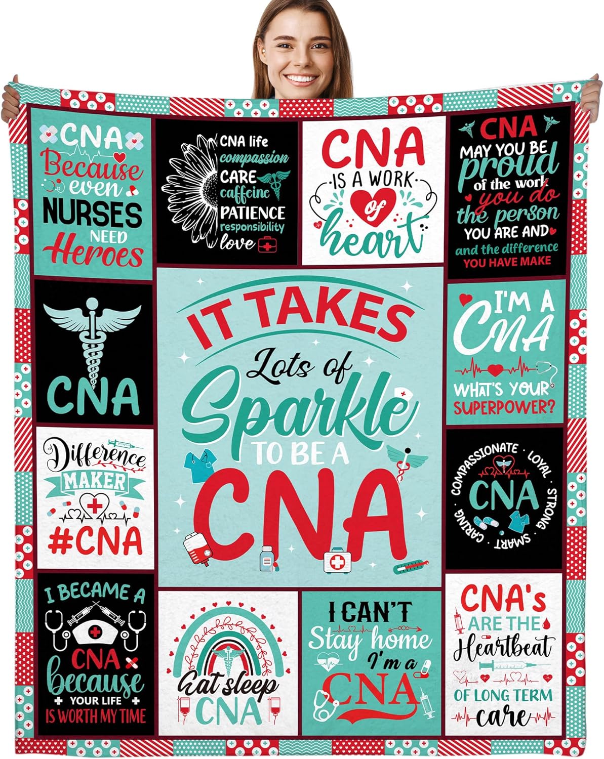 CNA Gifts Throw Blanket, Inspirational Quotes Print Soft Cozy Comfy Teal Flannel Blanket 50x60, Gift for Certified Nursing Assistant, Home Decor for Bed Sofa