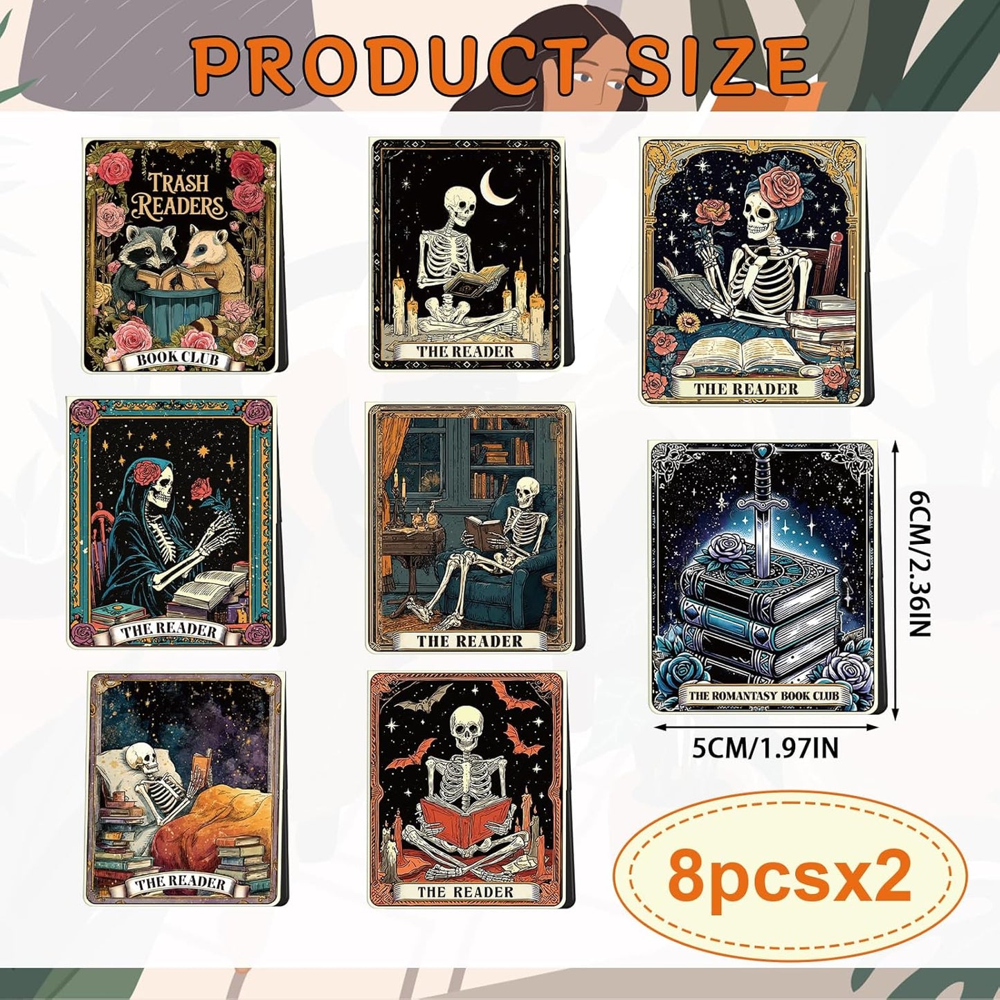 Skeleton Tarot Magnetic Bookmark Gifts - Wxiben 16 Pcs Gothic Skull Reading Bookmarks Magnetic Funny Horror Skeleton Book Markers Magnets Page Clip Gift for Women Men Reader Students Teacher Office