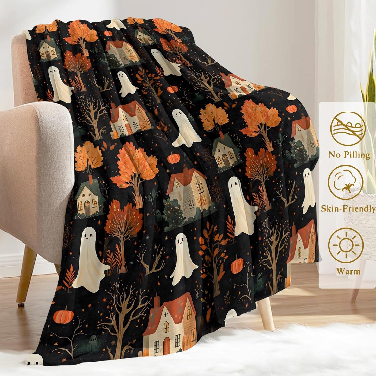 Spooky Ghost Village Flannel Blanket - Cute with Autumn Trees, and Houses Throw - Soft Cozy Gifts Balnkets for Halloween Decor, Fall Lovers,Kids,Women,Festive Home Accents 50x60in