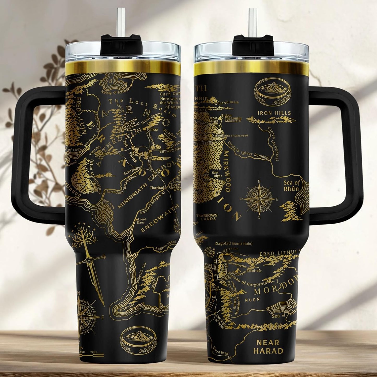 Fantasy Map Laser Engraved Tumbler 40oz Stainless Steel with Handle and Straw Epic Bookish Travel Cup Gold Engraving Gift for Fantasy Lovers Men Women