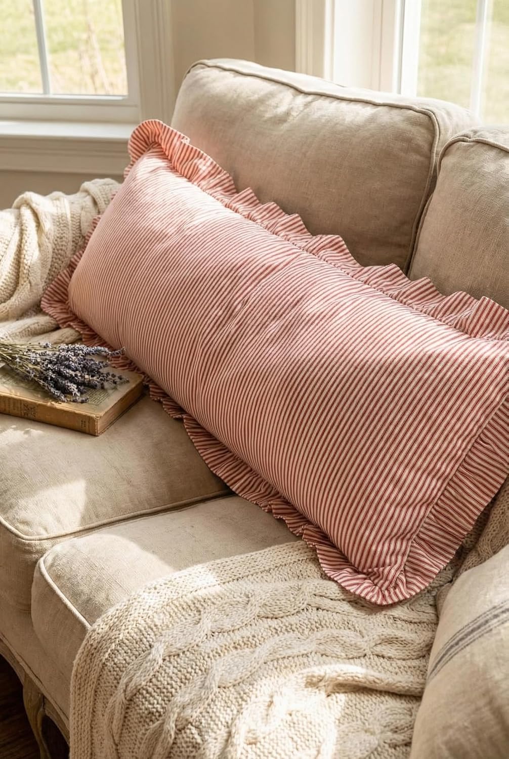 Tegeme Set of 1 Ruffled Body Pillow Cover 20"x54" Red and White Striped Decorative Pillowcases Boho Cute Soft Polyester Cotton Farmhouse Cushion Cover for Bed Sofa Living Room Decor