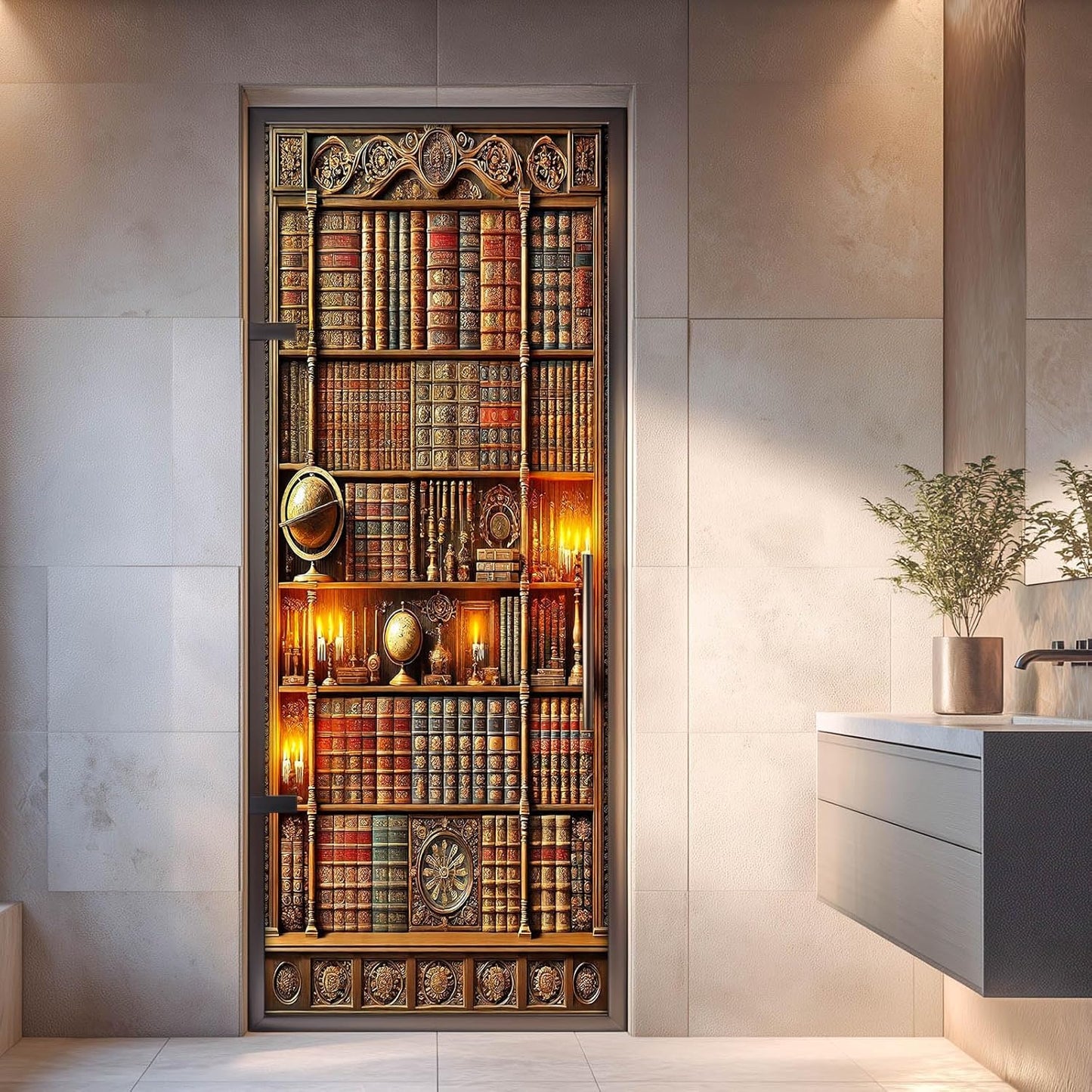 Vintage Bookshelf Door Sticker Classic Library Bookcase Mural Self Adhesive PVC Removable Door Decal for Home Office Bedroom Decoration 30.3 x 78.7 in