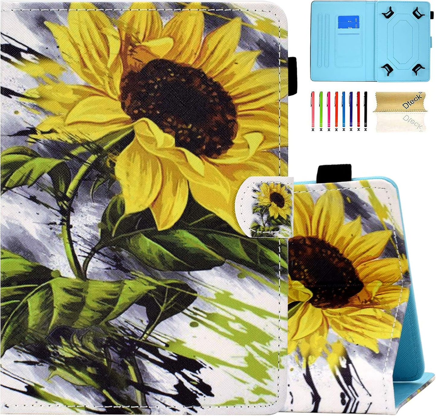 Dteck Universal Case for Android 11 12 13 Tablet/Samsung Galaxy Tab/Tab M8 /TCL/Blackview/HAOVM/NOVOJOY Android Tablet 8 8.0 8.3 8.4 Inch - Folio Cute Case with View Stand/Card Slots, Sunflower
