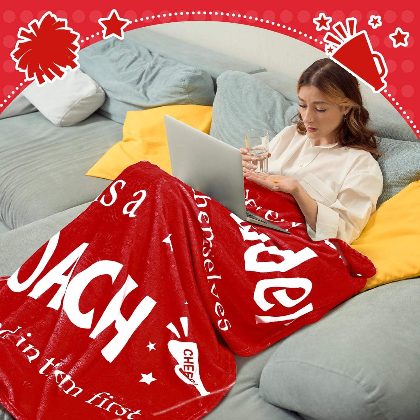 Cheer Coach Gift for Women 40‘' x 50‘' Cheerleader Blanket Cheerleading Appreciation Gift Cheer Blanket for Birthday Graduation Retirement Sports Party(Red)