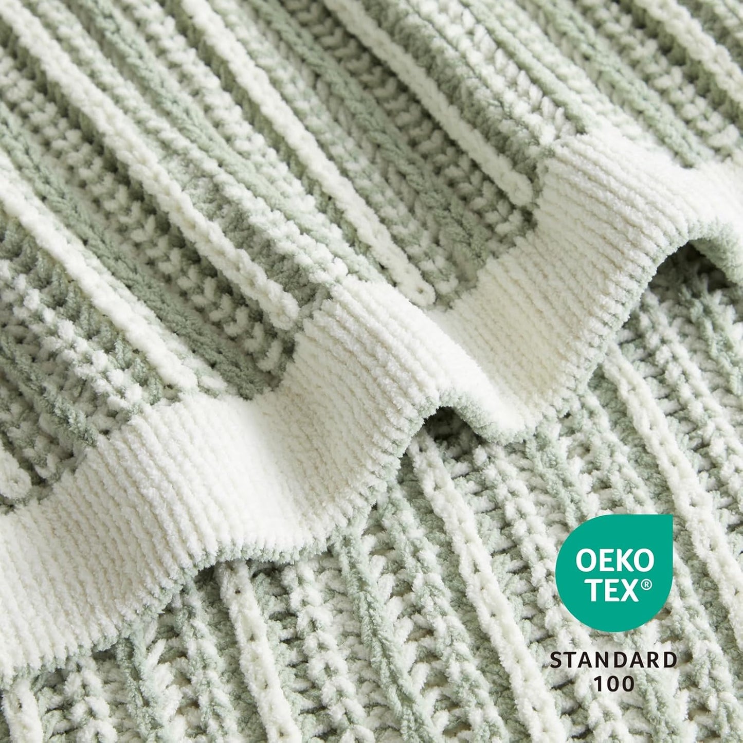 Amélie Home Striped Knit Throw Blanket for Couch, Dual-Sided Soft Chenille Decorative Blankets for Sofa & Chair, 50"x60", Sage Green & White