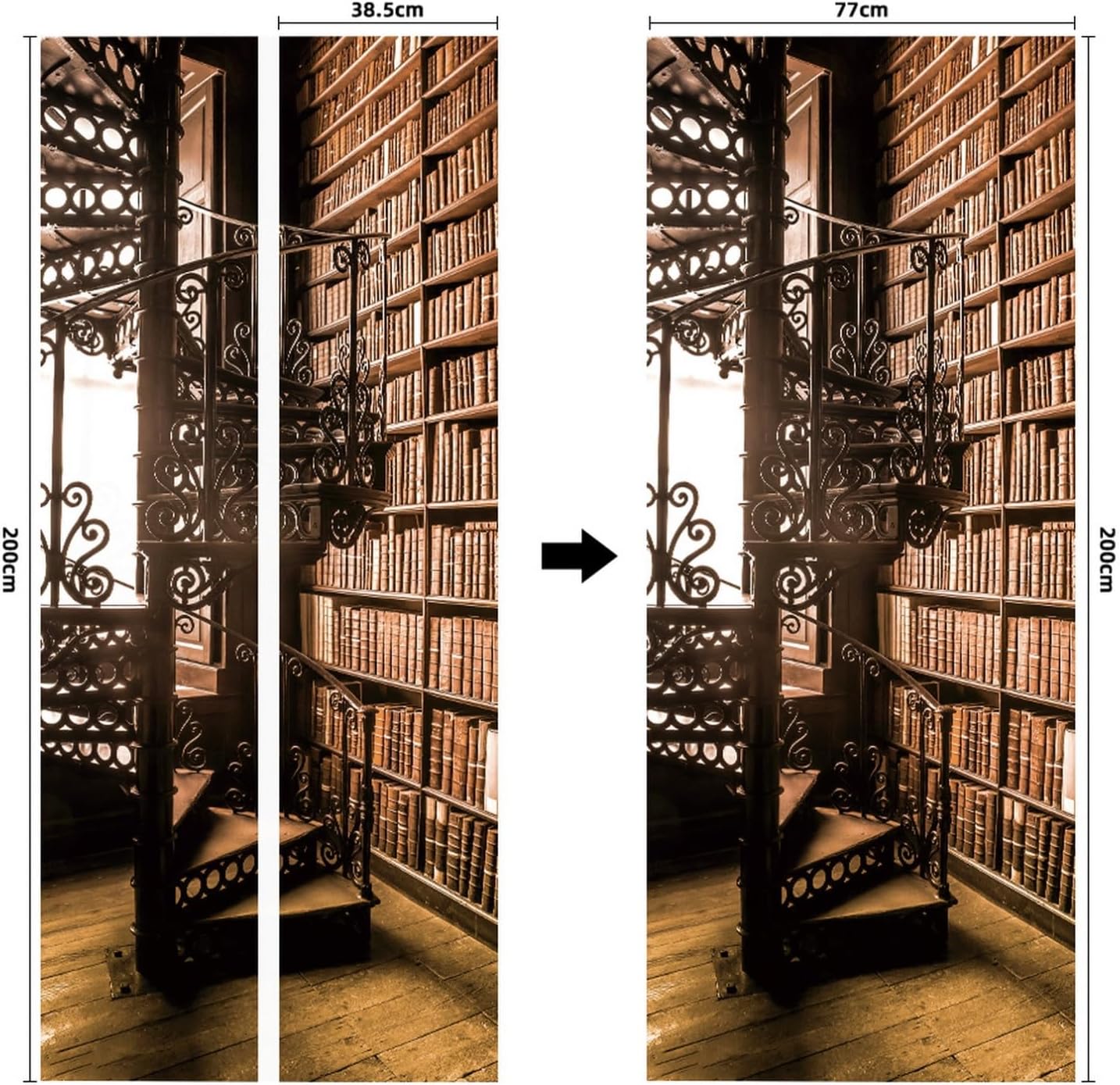 3D Door Stickers for Interior Doors Bookshelf with Books and Spiral Staircase in an Old Library Vinyl Waterproof Self Adhesive Door Mural Decals for Bedroom Office Bathroom 77 x 200cm