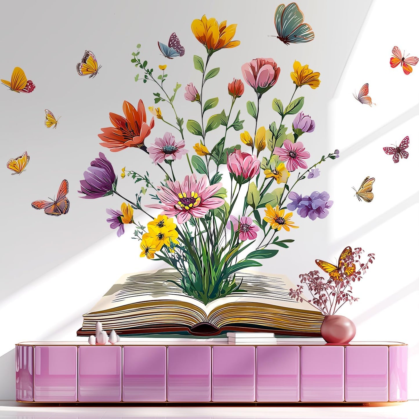 Book Flower Wall Decals Peel and Stick, Floral Butterfly Wall Stickers, Removable Vinyl Art Wall Decor for Kids Room Library Study Reading Nook Bedroom Classroom School Home Decoration