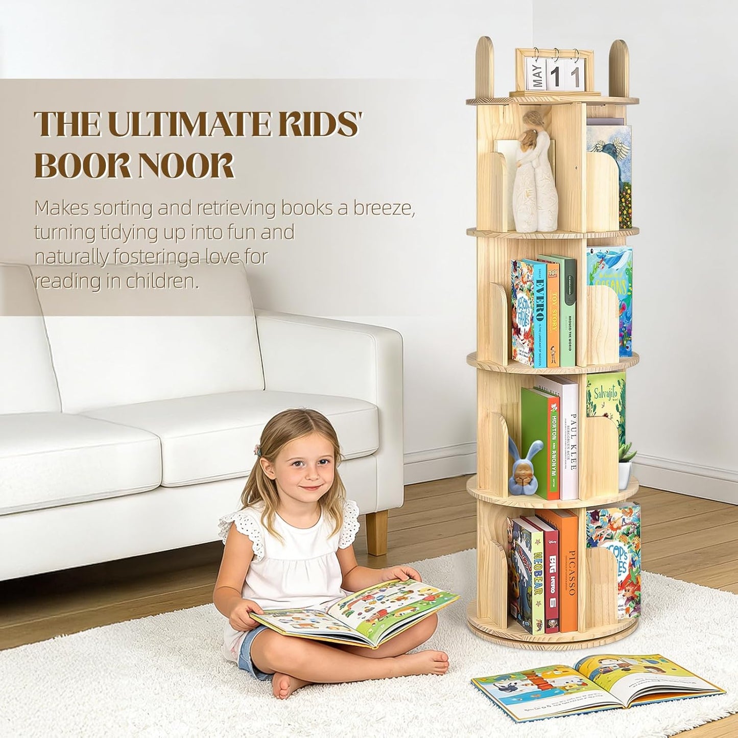 Kryonix Rotating Bookshelf for Kids, Solid Pine Wood Spinning Bookshelf Tower 2 Tier, 360° Revolving Bookcase, Multi-Functiona Corner Round Turning Book Shelf Organizer for Small Spaces