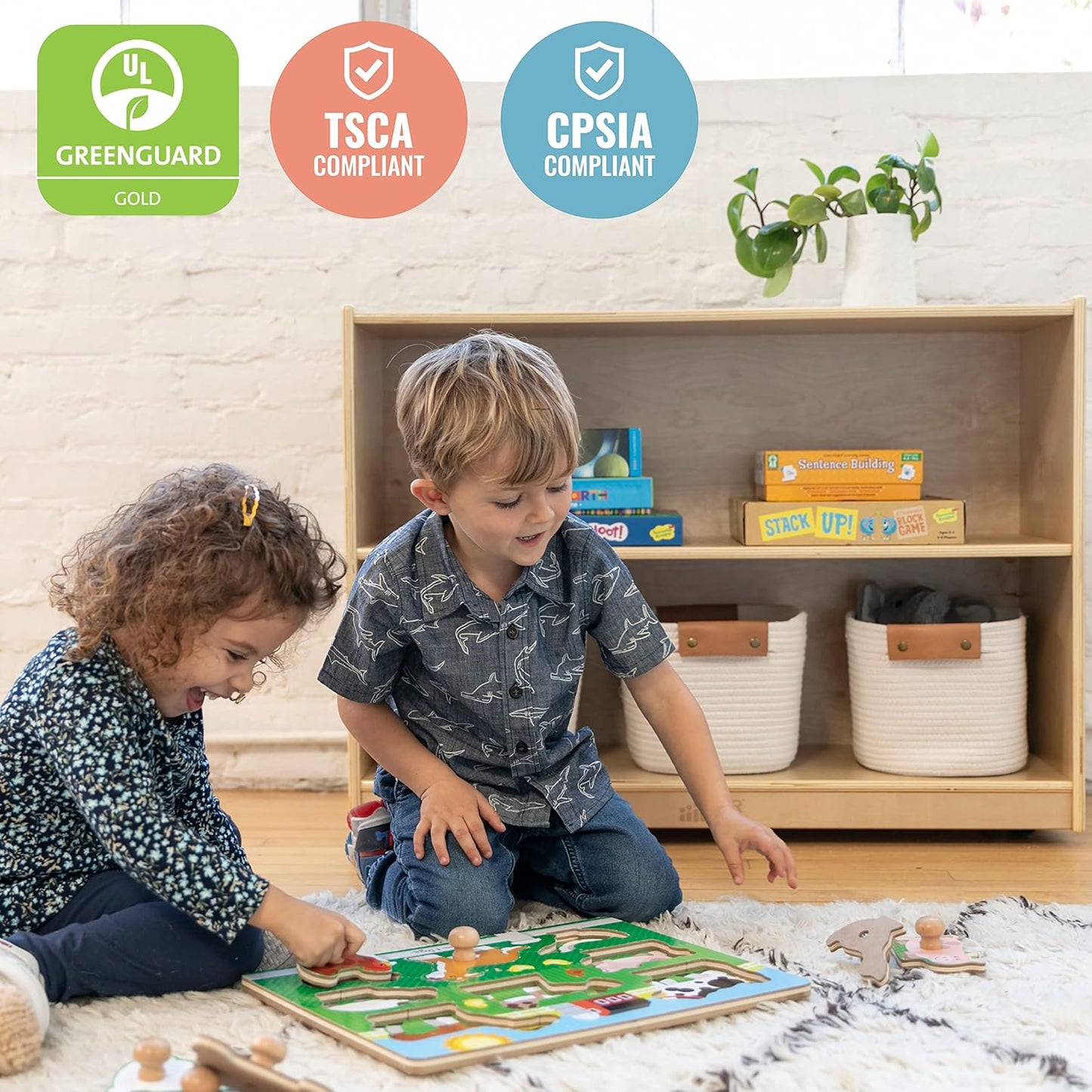 ECR4Kids 2-Shelf Mobile Storage Cabinet, Classroom Furniture, Natural