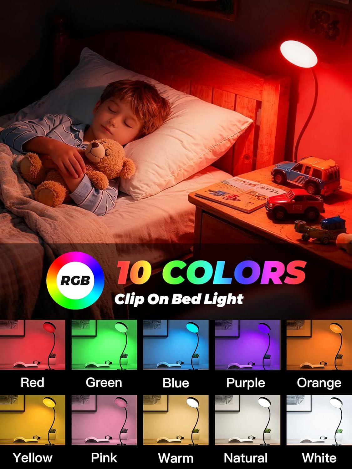 Desk Lamp,10 Colors RGB&Warm White Desk Light,10 Brightness Dimmable Clip on Lamp,500LM Bright Reading Light,USB Adapter Table Lamp for Office,Computer,Work,Study,Craft,Bedside Table,Bedroom