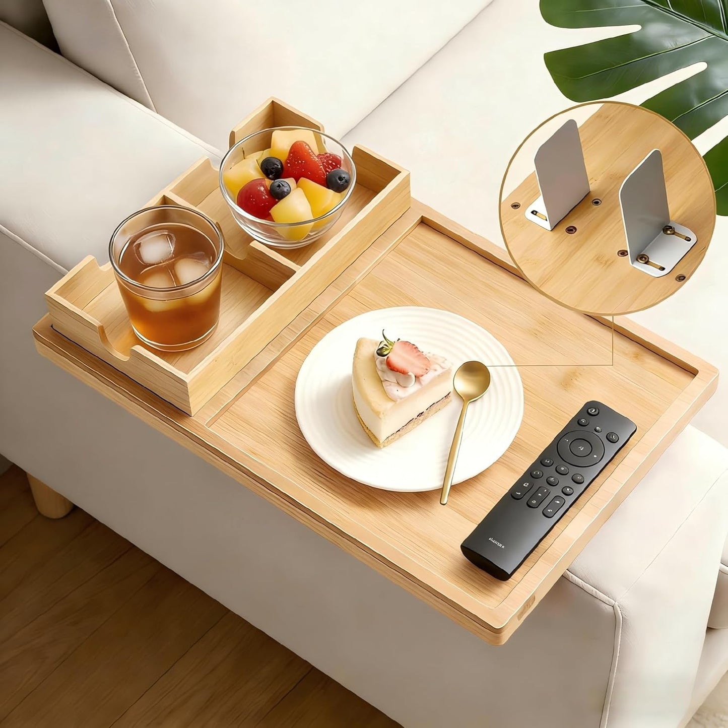 2-in-1 Couch Cup Holder Tray with Metal Legs, Bamboo Couch Armrest Table with Detachable Cup Holder, Adjustable 2–9.85 Inch Fit, Extra Stable Sofa Arm Tray for Living Room & Recliner