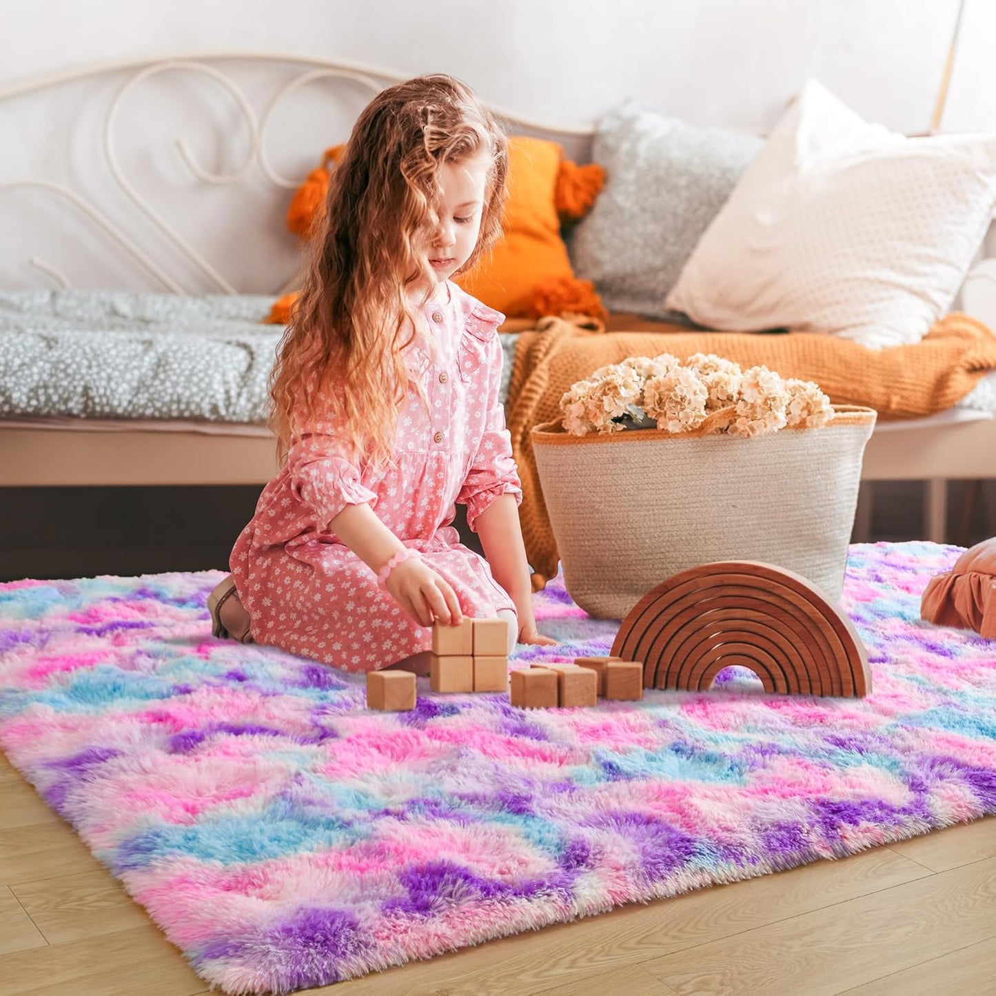 Tepook Soft Rainbow Rug 8x10 for Girls Room, Cute Fluffy Girls Bedroom Area Rug, Shaggy Princess Rug Colorful Carpet for Kids Teens Toddler Playroom Nursery Reading Nook, Hot Pink
