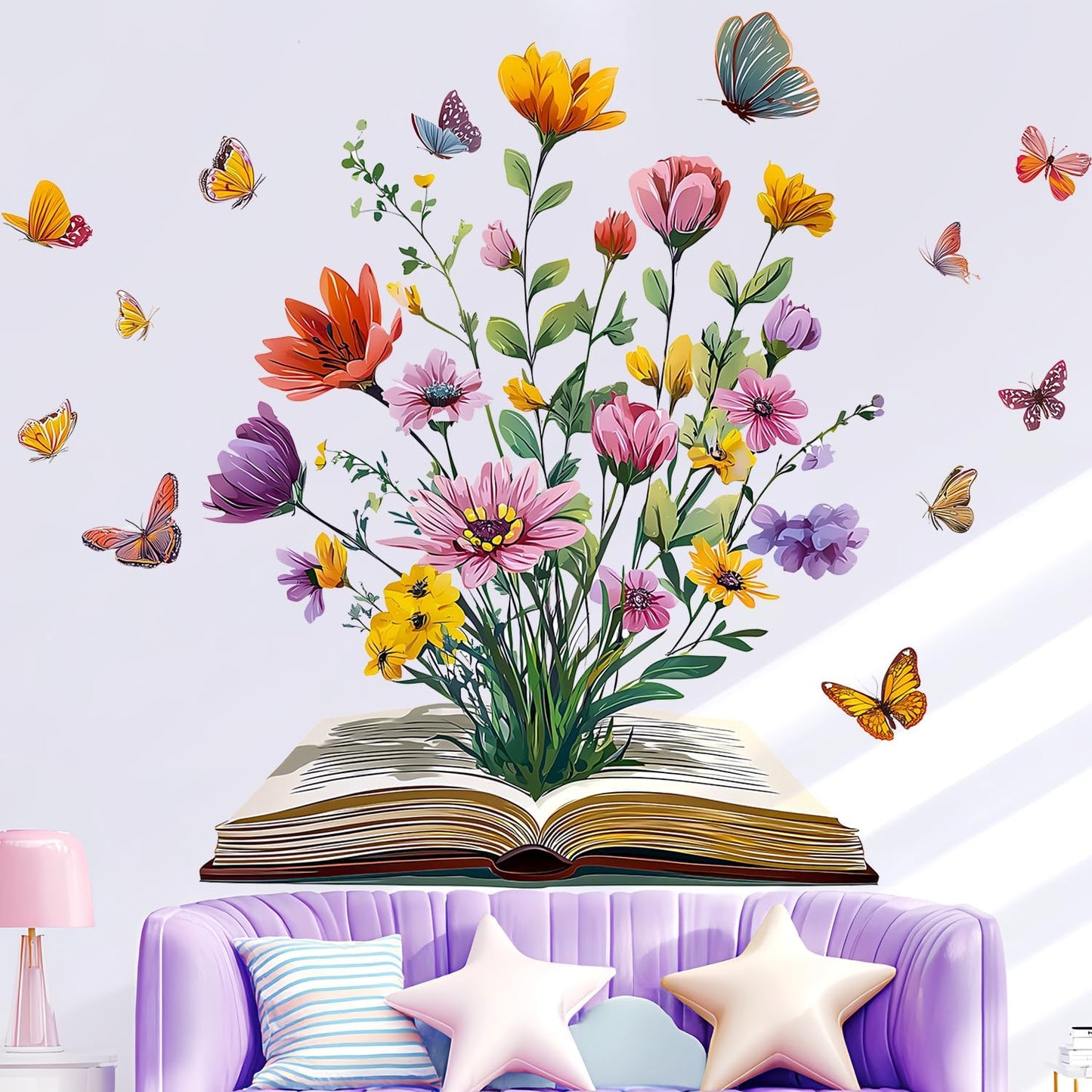 Book Flower Wall Decals Peel and Stick, Floral Butterfly Wall Stickers, Removable Vinyl Art Wall Decor for Kids Room Library Study Reading Nook Bedroom Classroom School Home Decoration