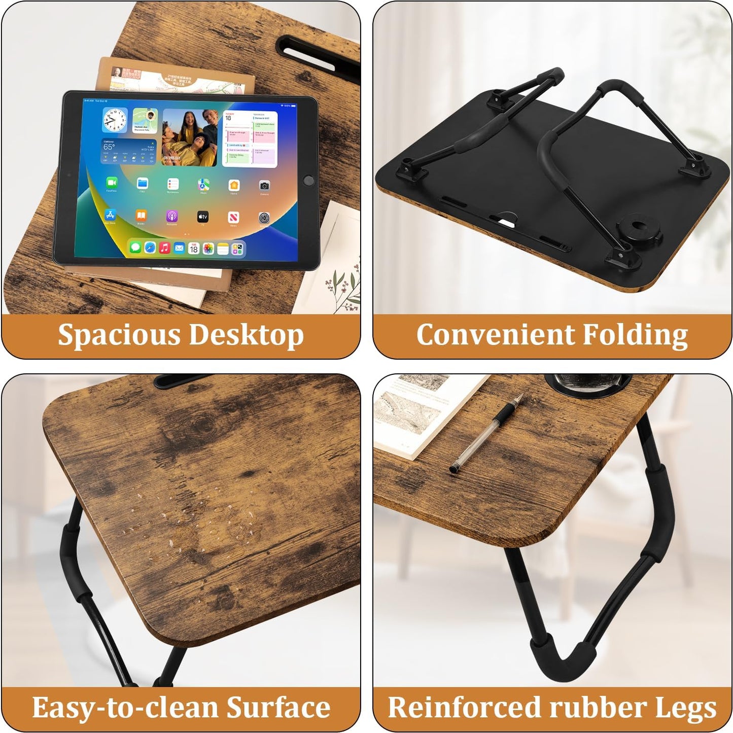 Lap Desk Foldable Laptop Table Portable Bed Tray Desk with Holders for Cup and Tablet Small Personal Lap Tables for Sofa Couch Floor Travel Beach Camping Dark Brown