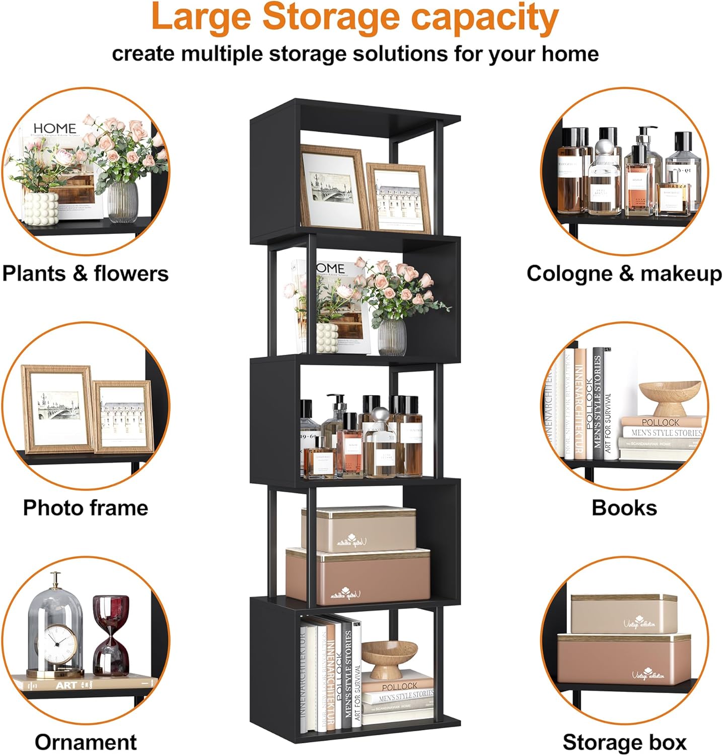 Yusong Bookshelf 5-Tier, Geometric Bookcase S Shaped Book Shelves for Bedroom, Modern Wood Decorative Display Shelf Corner for Home Office, Black