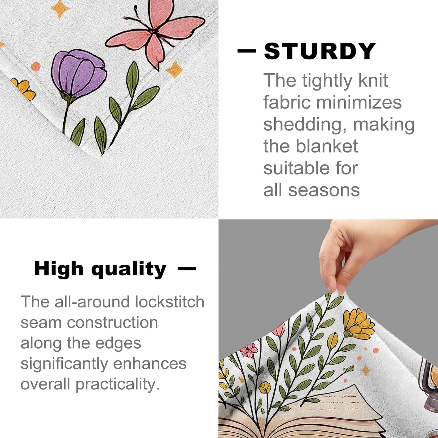 Reading Books Blanket for Book Lovers and Nerd, Flannel Watercolor Floral Blankets, Book Club Gifts, White Soft Warm Cozy Throws for Sofa Couch Bed Living Room Bedroom Home Decor 60" x 50"