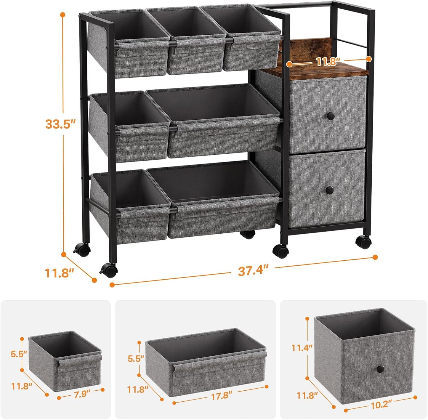 Kids Toy Organizers and Storage Bins - 7 Storage Bins + 2 Fabric Drawers + 1 Bookshelf, Playroom Storage, Mobile Cart Organizer for Toy, Clothes, Blankets and Books - Black