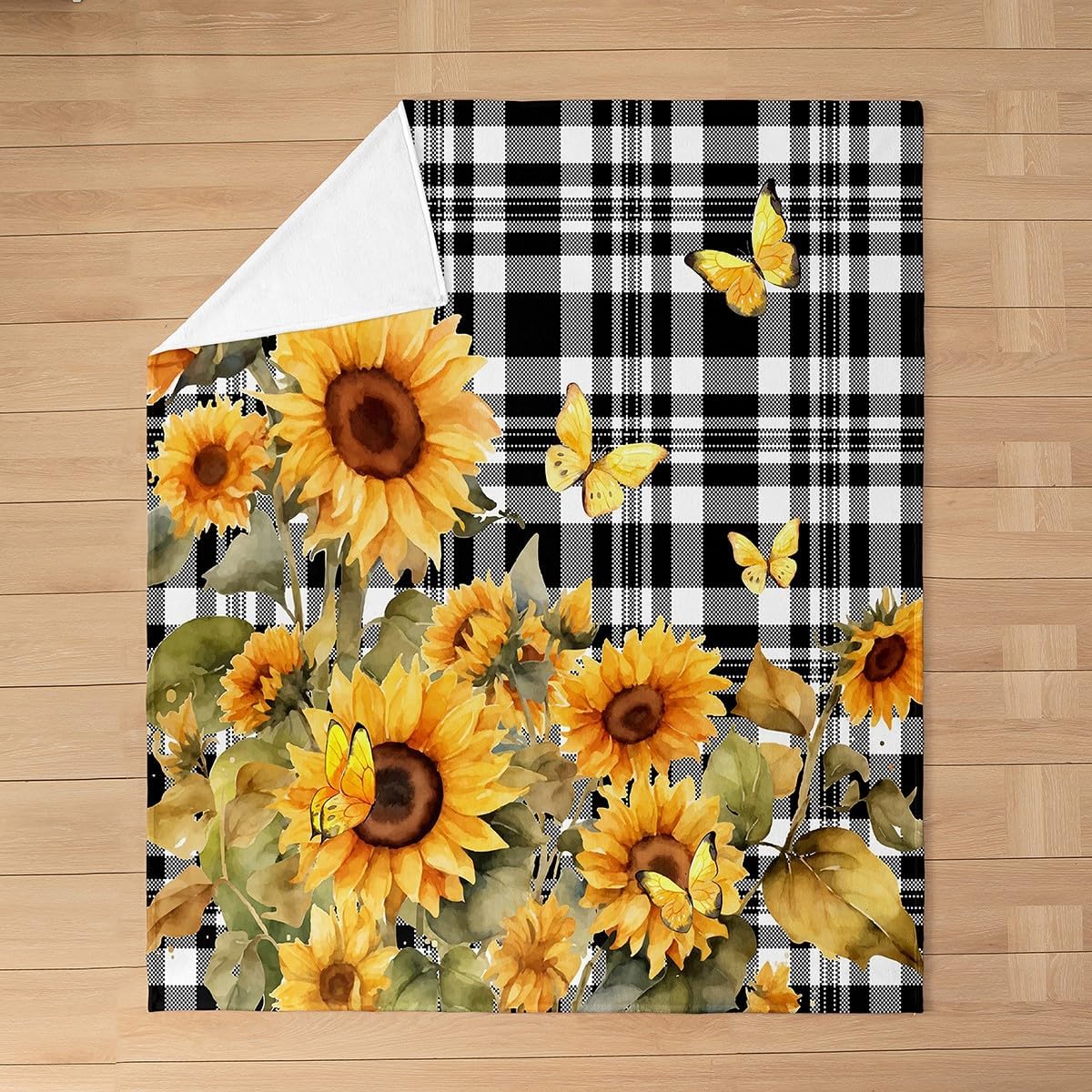 Feelyou Sunflower Flannel Fleece Throw Blanket 40"x50" Happy Fall Y'all Fuzzy Blanket Black and White Grid All Season Bed Blanket for Couch Sofa Butterfly Plush Blanket