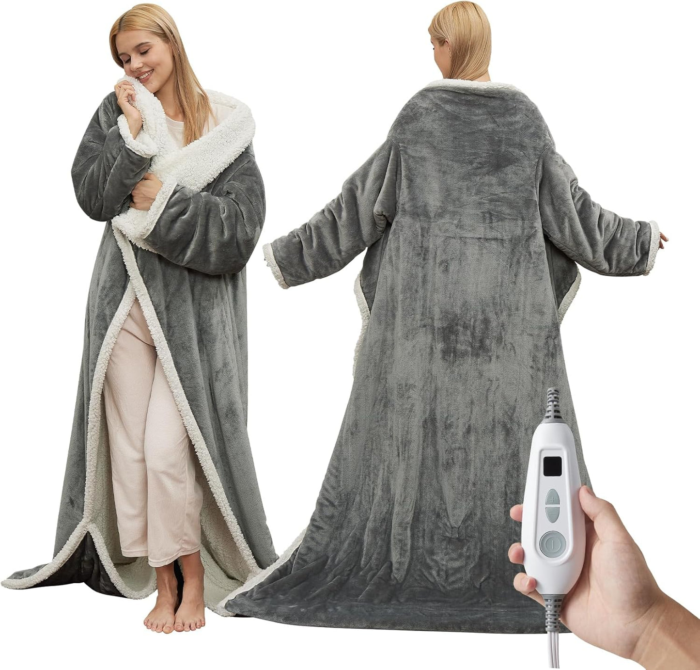 GarveeHome Wearable Heated Blanket with Foot Pocket & Sleeves, Electric Snuggle Throw Blankets, Flannel & Sherpa, 6 Heat Settings & 2–10 H Auto Shut-Off, 50"×70"+18", Grey