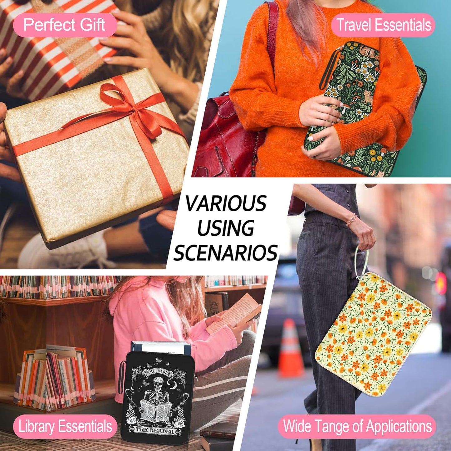 Cute Cat Printed Book Sleeve Pouch Case with Zipper - Waterproof Journal Cover for Book Lovers, Teachers, Readers & Librarians