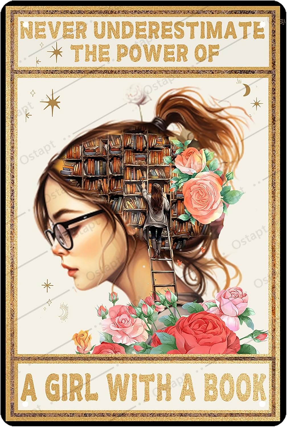 Ostapt Inspirational Posters Metal Tin Sign Never Underestimate the Power of a Girl with a Book Bedroom Girls Room Wall Decor Motivational Quote Wall Art Book Lovers Gift 8x12 inch