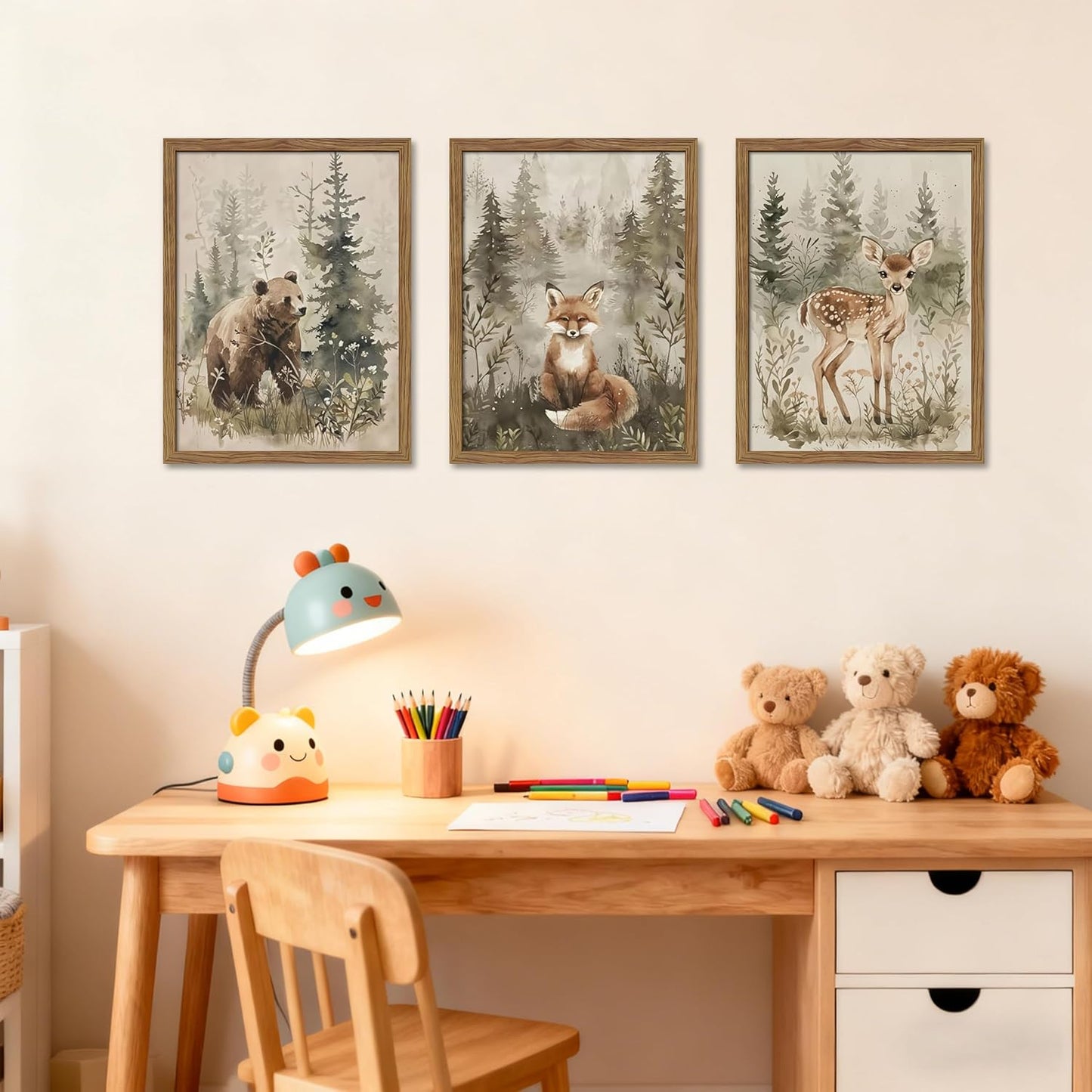 Framed Woodland Wall Art Nursery Decor Set of 3, Cute Wild Animals Bear Fox Deer Canvas Wall Art, Nature Watercolor Prints, Animal Pictures Wall Decor for Baby Room Kids Bedroom – 16x24 inch