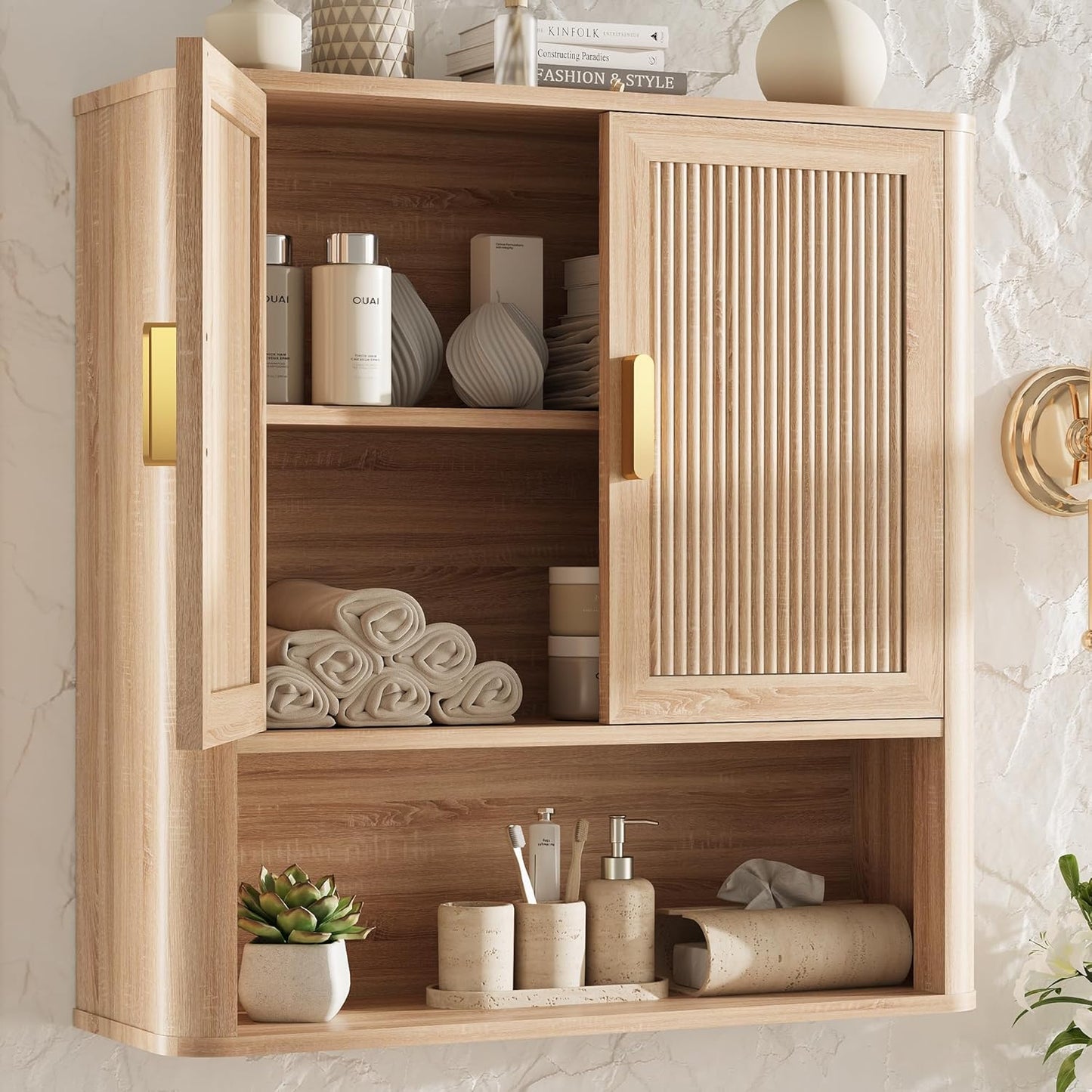 Bathroom Wall Storage Cabinet, Medicine Cabinet with Adjustable Wood Shelf & Doors, Over The Toilet Storage Cabinet for Laundry Room & Living Room Kitchen Storage Islands (Natural Oak)