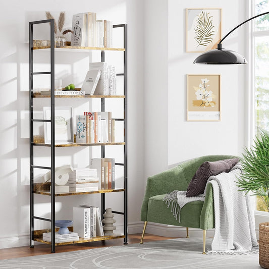 Bookshelf, 5 Tier Industrial Bookcase, Vertical Tall Bookshelf, Wood and Black Metal Open Shelves, Farmhouse Storage Rack for Living Room, Home Office, Bedroom, Rustic Brown