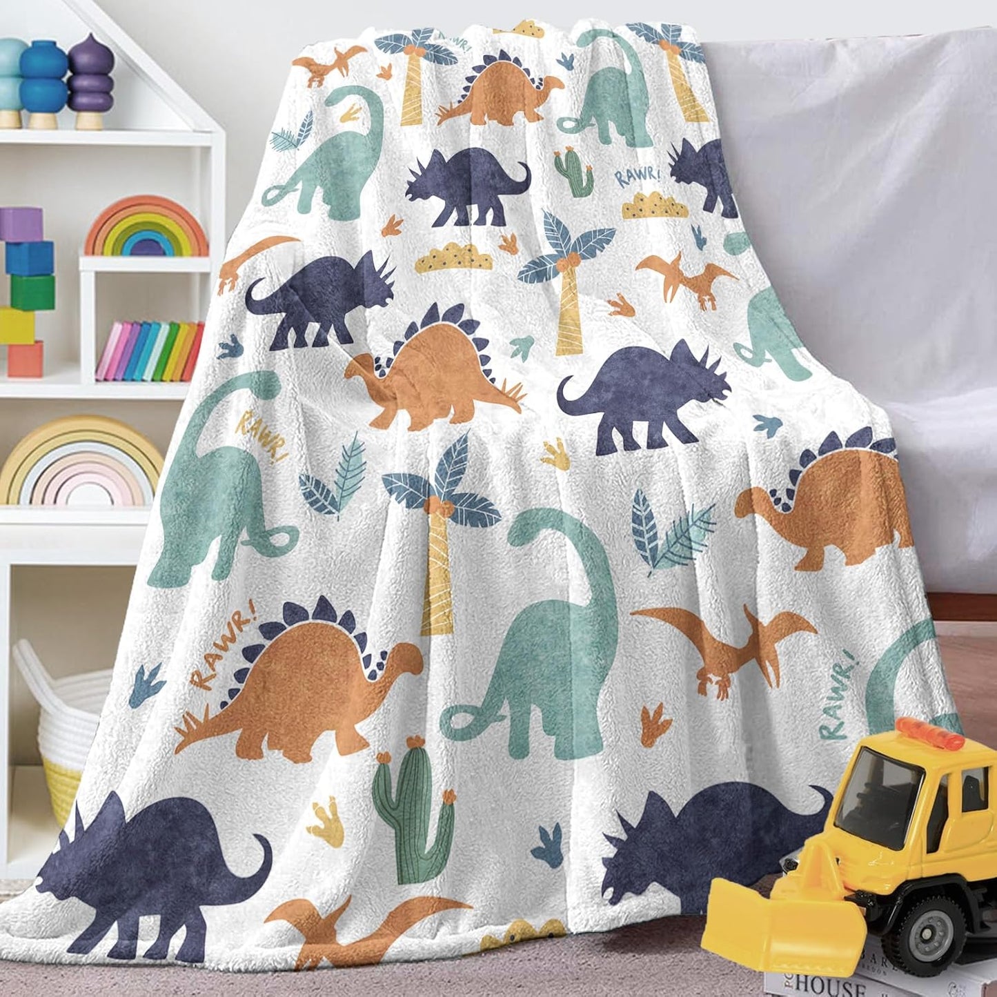 Dinosaur Flannel Throw Blanket for Boys Girls Kids, Dino Rawr Tropical Plant Birthday for Baby Toddler Child Age 1-14 Years Old Teens, White Blanket for Bedding Sofa 50 x 60 in